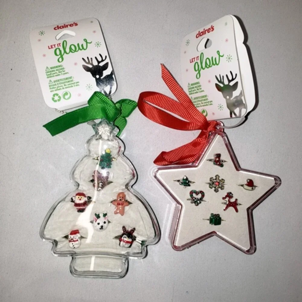 Claire's Let It Glow Girls' Christmas Holiday Rings 2 Sets Ornament Gift boxes